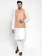 Jompers Men's Solid Dupion Kurta Pajama with Embroidered Nehru Jacket (Peach) - Distacart
