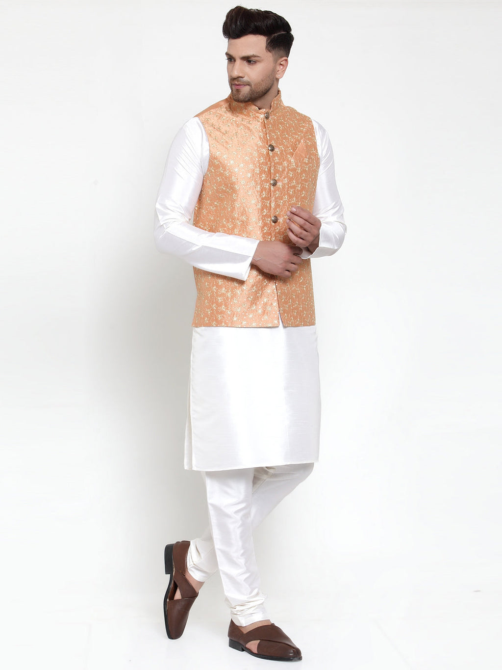 Jompers Men's Solid Dupion Kurta Pajama with Embroidered Nehru Jacket (Peach) - Distacart
