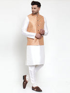 Jompers Men's Solid Dupion Kurta Pajama with Embroidered Nehru Jacket (Peach) - Distacart
