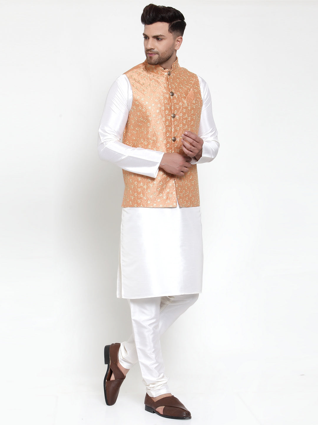 Jompers Men's Solid Dupion Kurta Pajama with Embroidered Nehru Jacket (Peach) - Distacart