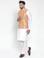 Jompers Men's Solid Dupion Kurta Pajama with Embroidered Nehru Jacket (Peach) - Distacart