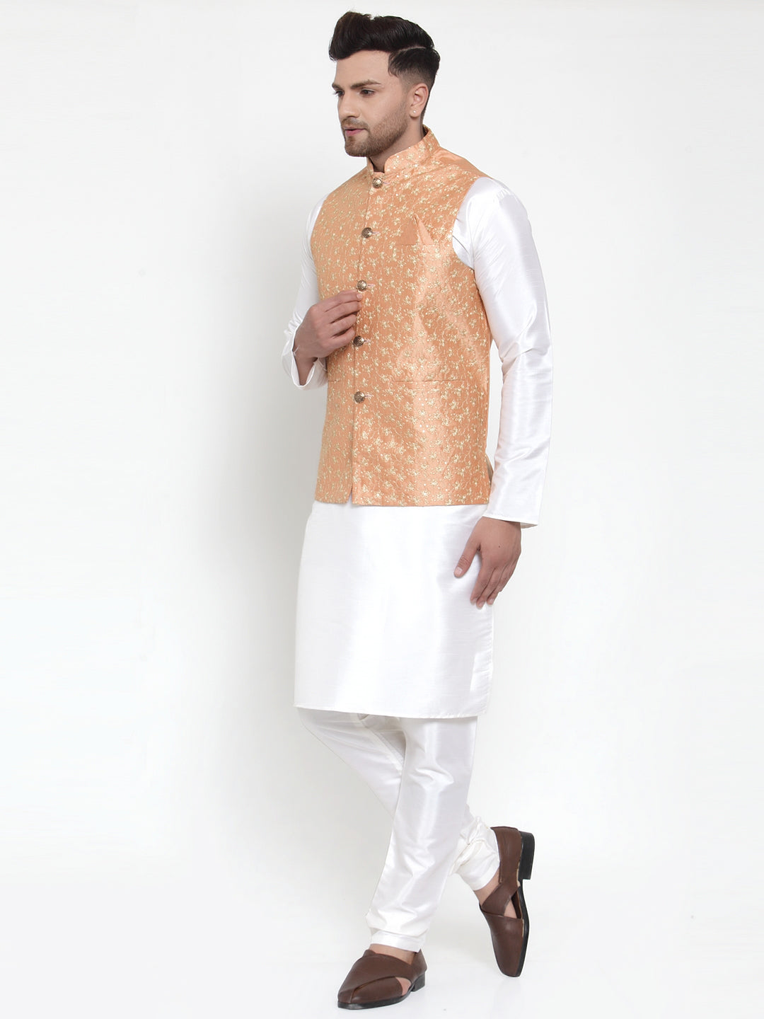 Jompers Men's Solid Dupion Kurta Pajama with Embroidered Nehru Jacket (Peach) - Distacart
