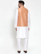 Jompers Men's Solid Dupion Kurta Pajama with Embroidered Nehru Jacket (Peach) - Distacart