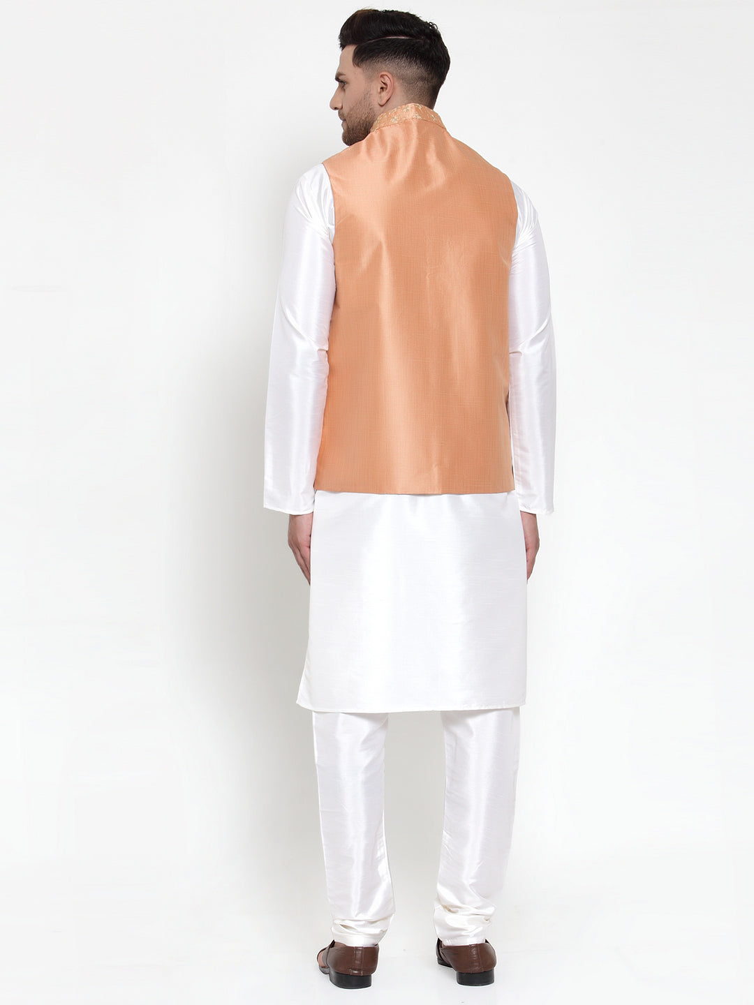 Jompers Men's Solid Dupion Kurta Pajama with Embroidered Nehru Jacket (Peach) - Distacart