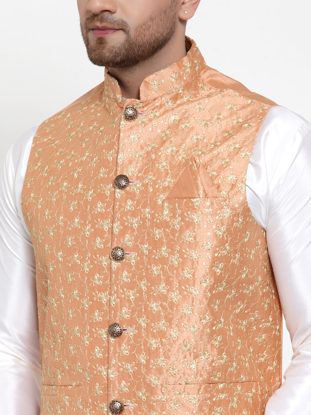Jompers Men's Solid Dupion Kurta Pajama with Embroidered Nehru Jacket (Peach) - Distacart