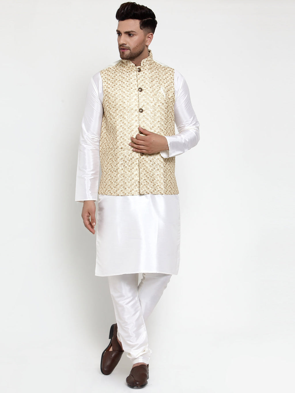 Jompers Men's Solid Dupion Kurta Pajama with Embroidered Nehru Jacket (Cream) - Distacart