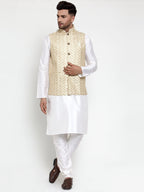 Jompers Men's Solid Dupion Kurta Pajama with Embroidered Nehru Jacket (Cream) - Distacart