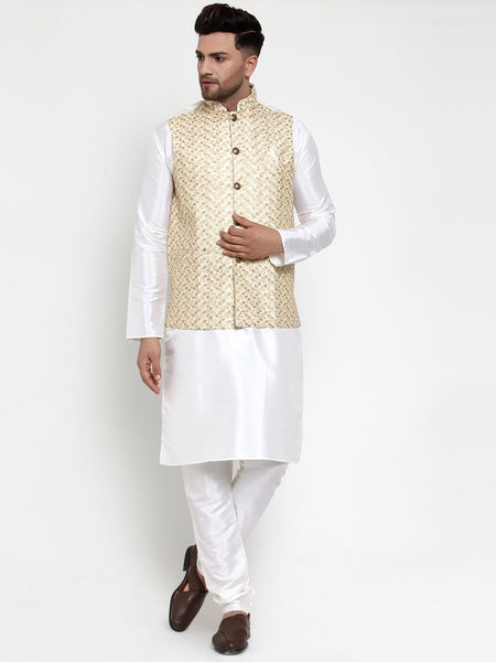 Jompers Men's Solid Dupion Kurta Pajama with Embroidered Nehru Jacket (Cream)