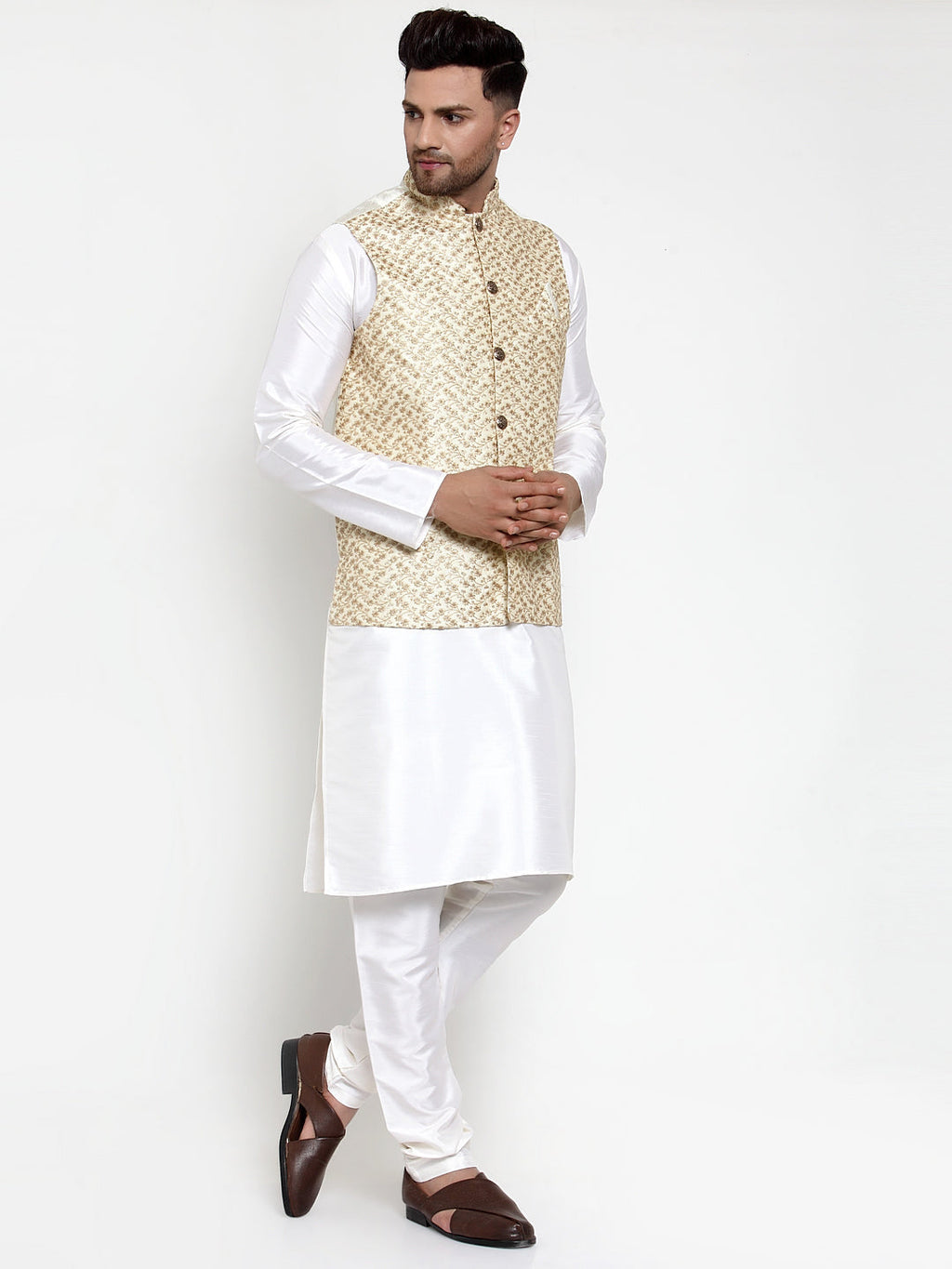 Jompers Men's Solid Dupion Kurta Pajama with Embroidered Nehru Jacket (Cream) - Distacart