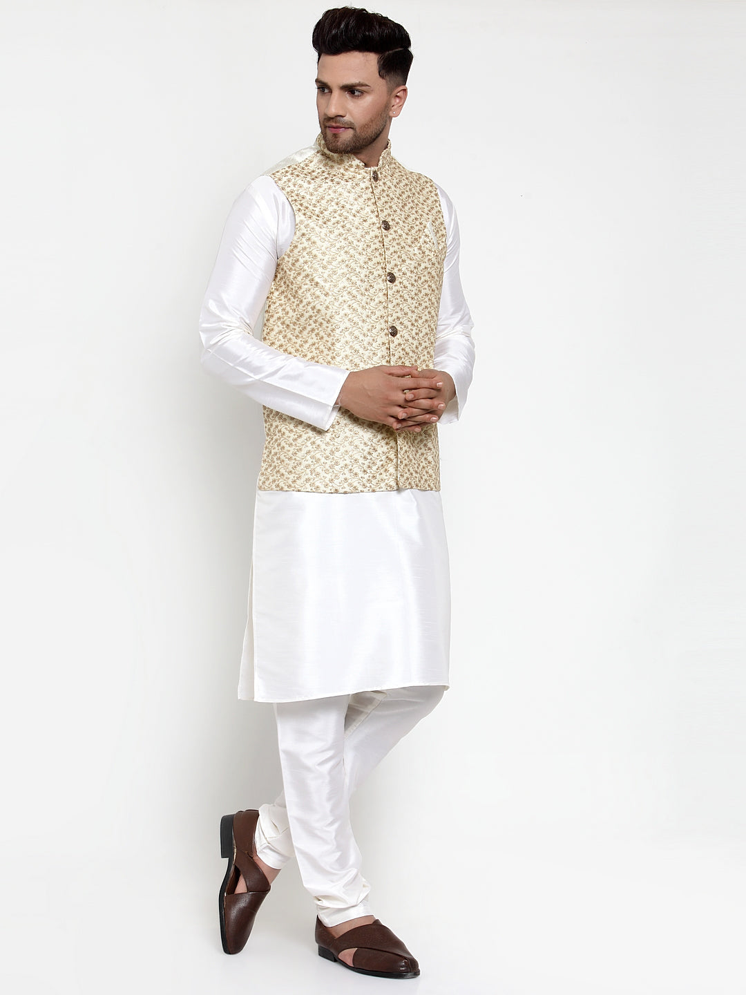 Jompers Men's Solid Dupion Kurta Pajama with Embroidered Nehru Jacket (Cream) - Distacart