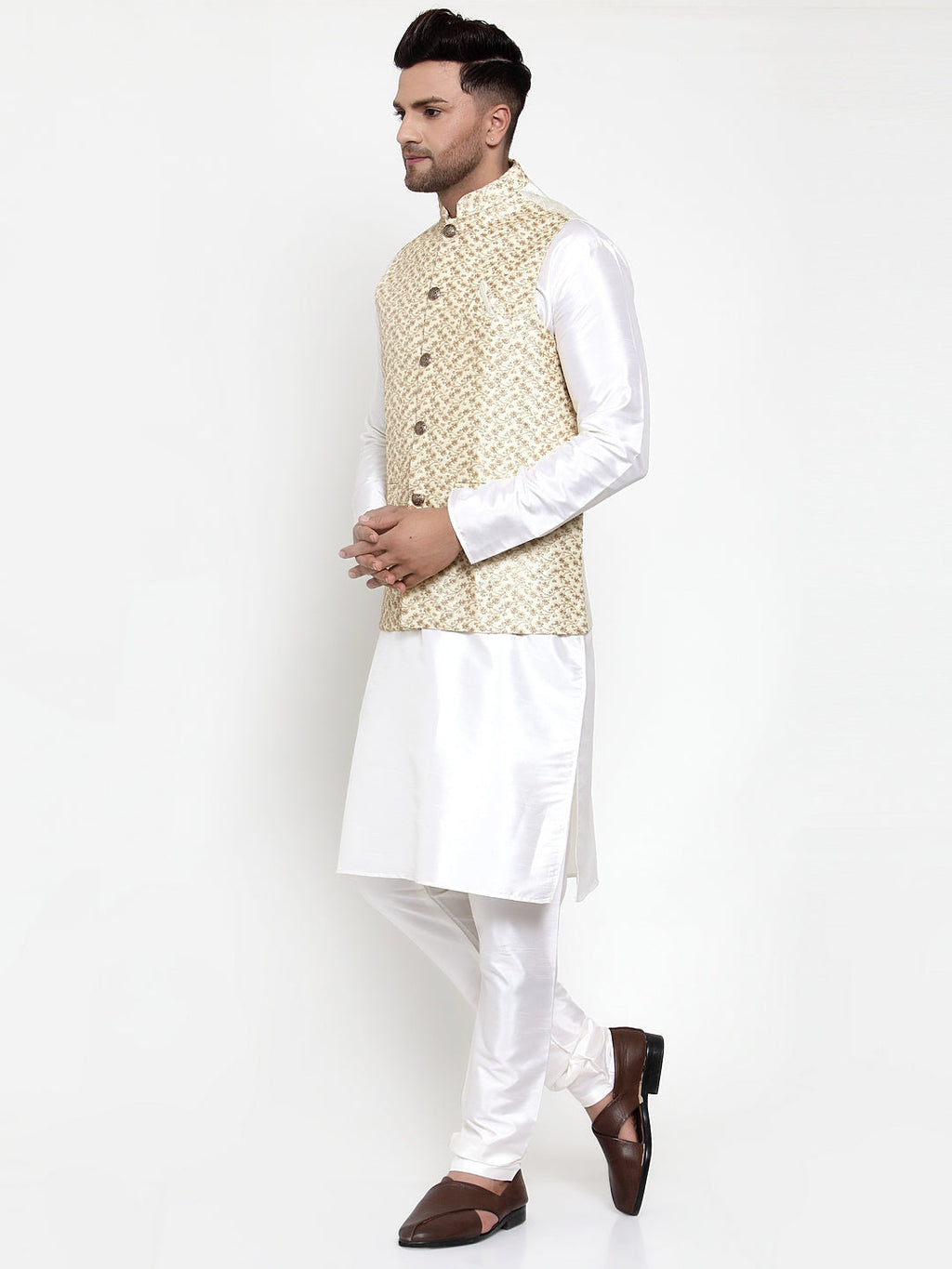 Jompers Men's Solid Dupion Kurta Pajama with Embroidered Nehru Jacket (Cream) - Distacart