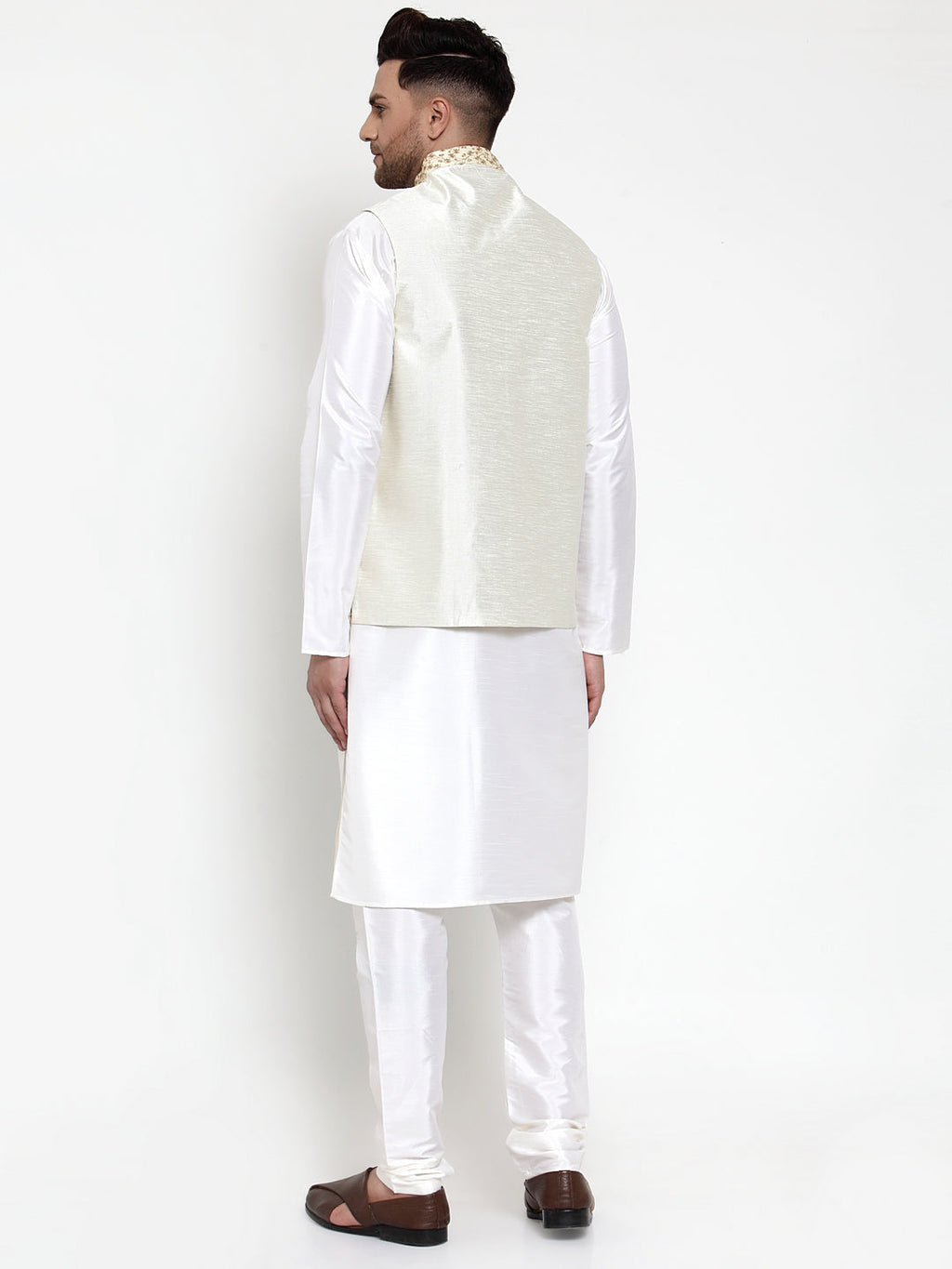 Jompers Men's Solid Dupion Kurta Pajama with Embroidered Nehru Jacket (Cream) - Distacart