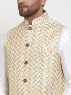 Jompers Men's Solid Dupion Kurta Pajama with Embroidered Nehru Jacket (Cream) - Distacart