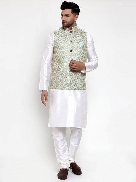 Jompers Men's Solid Dupion Kurta Pajama with Embroidered Nehru Jacket Sky