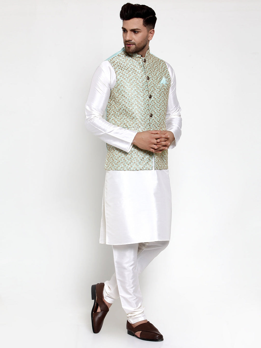 Jompers Men's Solid Dupion Kurta Pajama with Embroidered Nehru Jacket (Sky) - Distacart