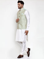 Jompers Men's Solid Dupion Kurta Pajama with Embroidered Nehru Jacket (Sky) - Distacart