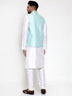 Jompers Men's Solid Dupion Kurta Pajama with Embroidered Nehru Jacket (Sky) - Distacart