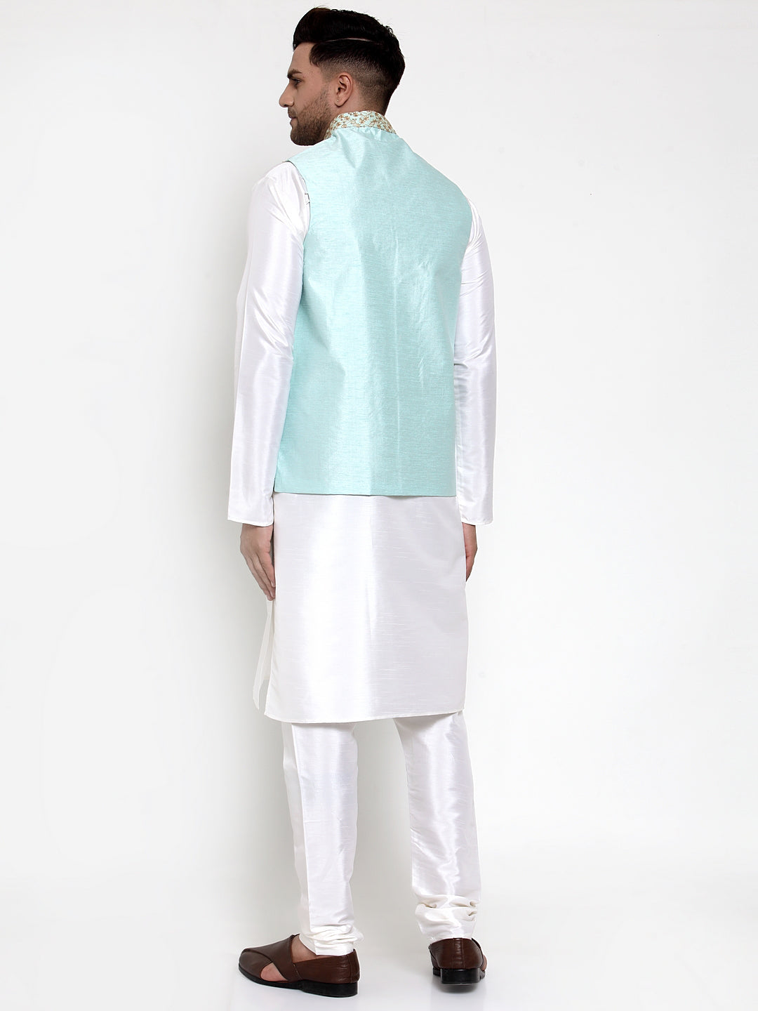 Jompers Men's Solid Dupion Kurta Pajama with Embroidered Nehru Jacket (Sky) - Distacart