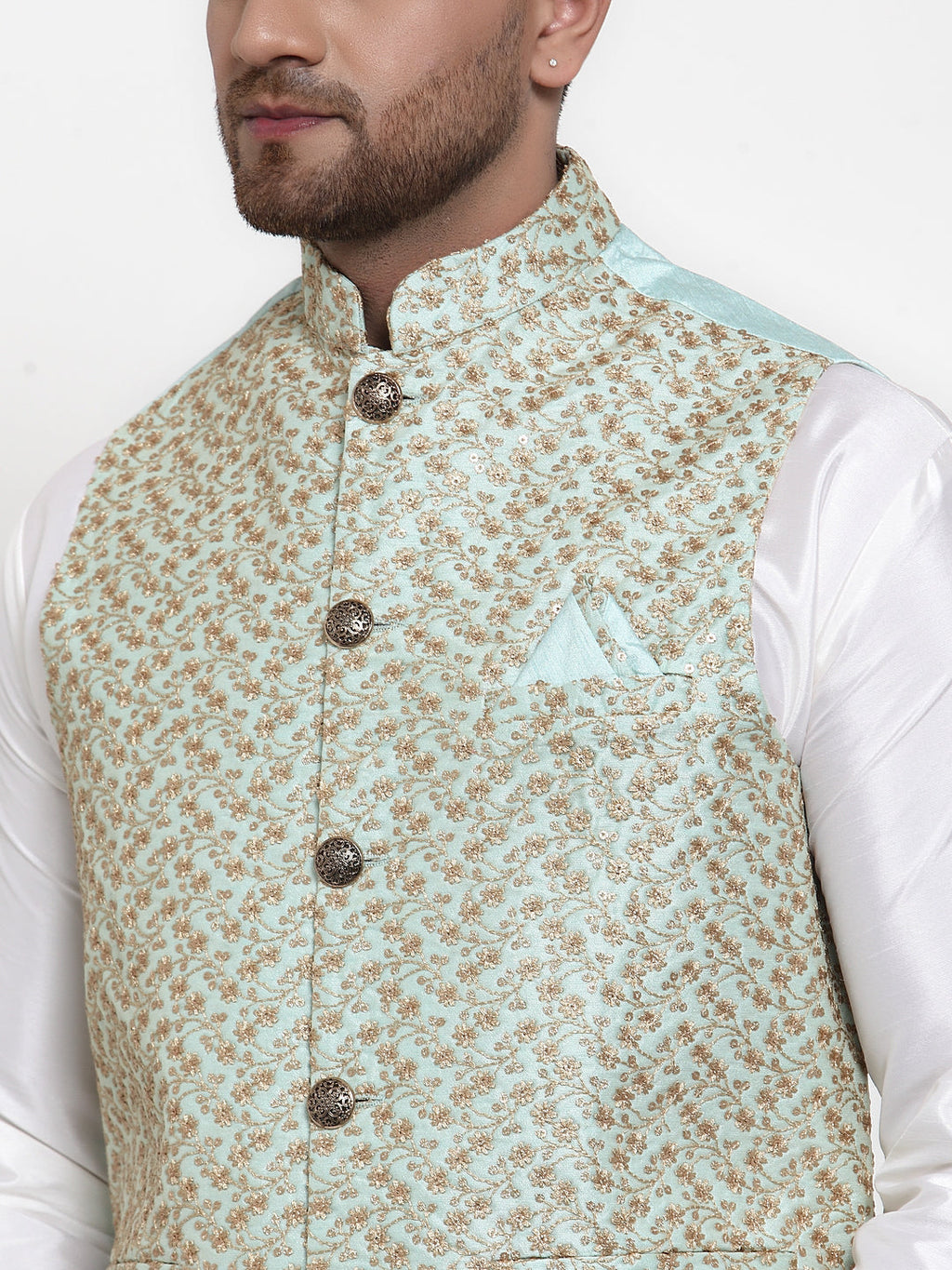 Jompers Men's Solid Dupion Kurta Pajama with Embroidered Nehru Jacket (Sky) - Distacart