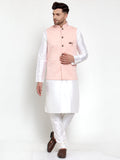 Jompers Men's Solid Dupion Kurta Pajama with Woven Nehru Jacket (Peach) - Distacart