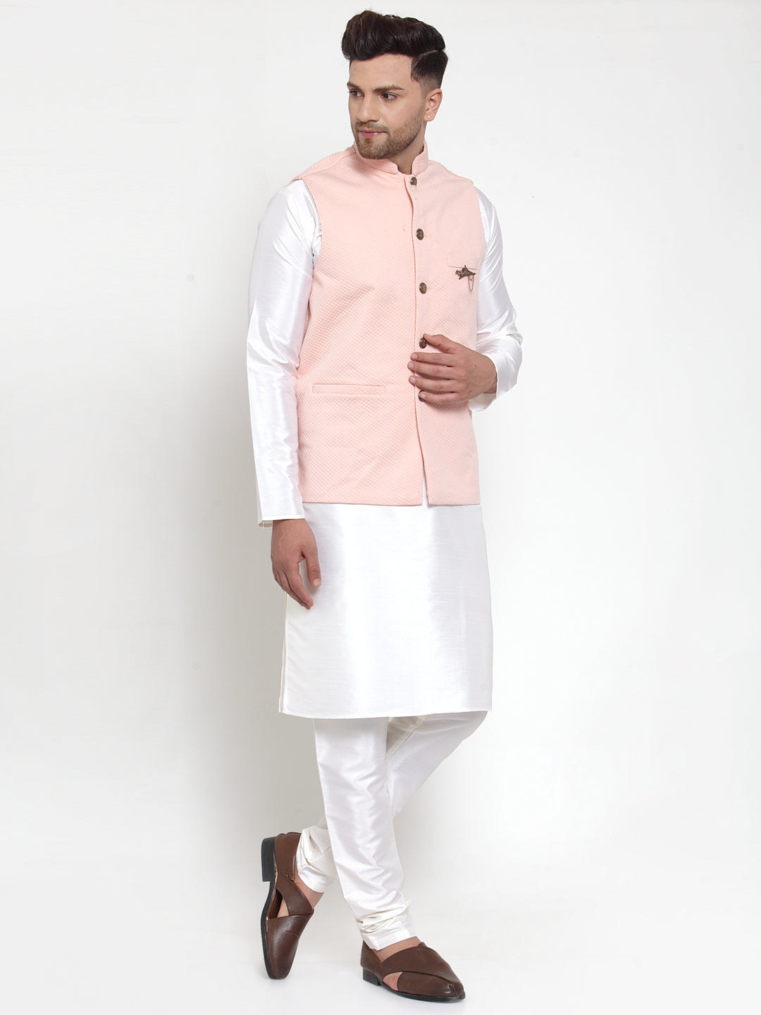Jompers Men's Solid Dupion Kurta Pajama with Woven Nehru Jacket (Peach) - Distacart