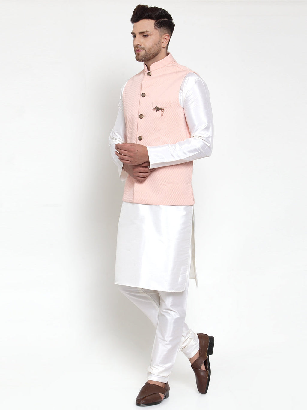 Jompers Men's Solid Dupion Kurta Pajama with Woven Nehru Jacket (Peach) - Distacart
