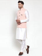 Jompers Men's Solid Dupion Kurta Pajama with Woven Nehru Jacket (Peach) - Distacart