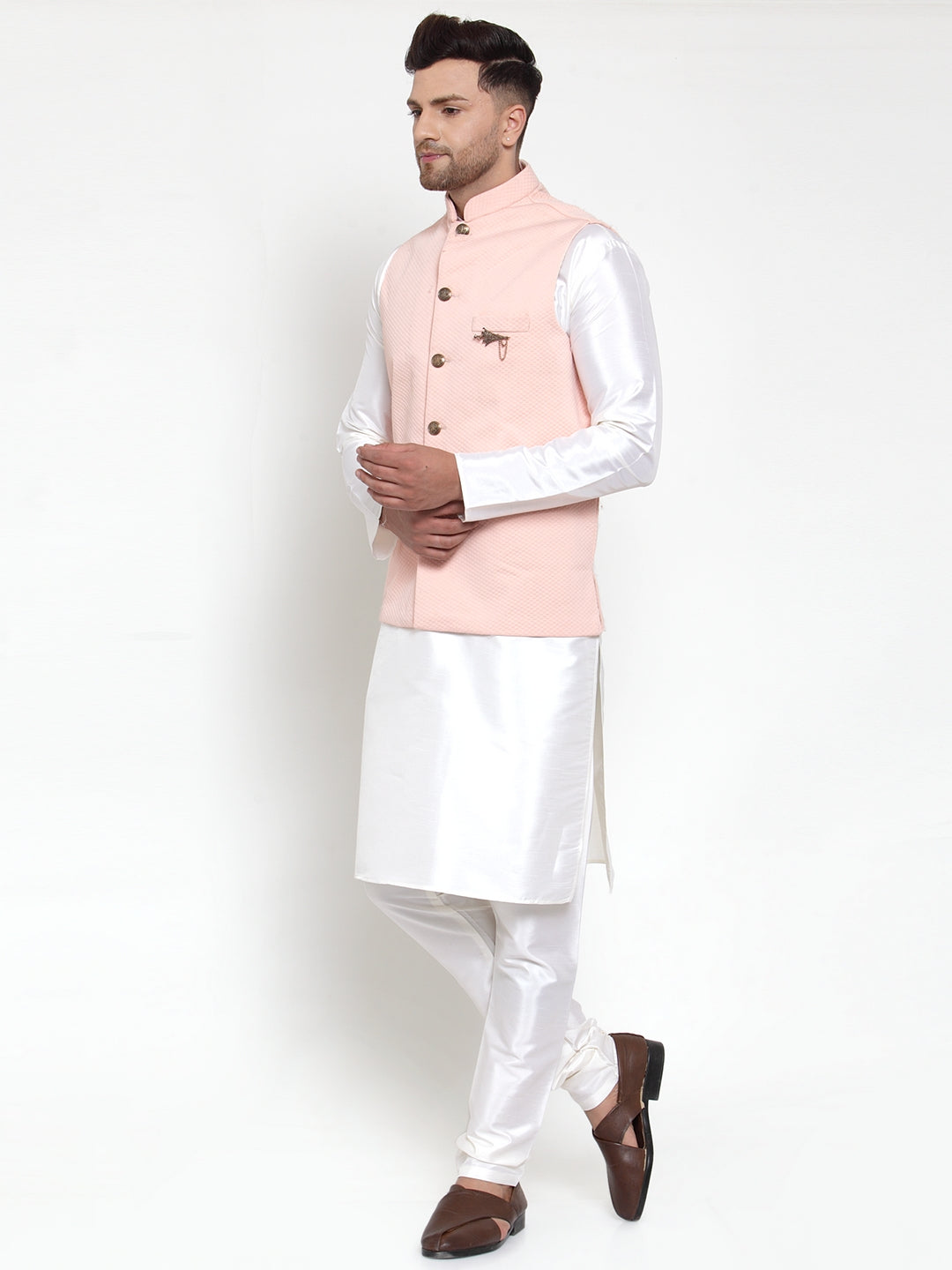Jompers Men's Solid Dupion Kurta Pajama with Woven Nehru Jacket (Peach) - Distacart