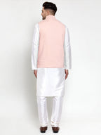 Jompers Men's Solid Dupion Kurta Pajama with Woven Nehru Jacket (Peach) - Distacart