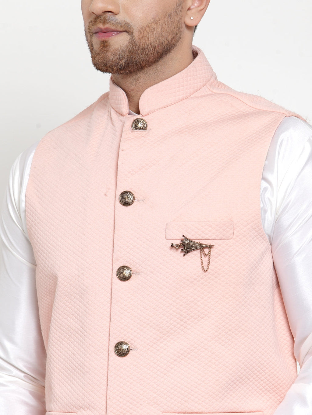 Jompers Men's Solid Dupion Kurta Pajama with Woven Nehru Jacket (Peach) - Distacart
