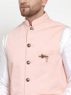 Jompers Men's Solid Dupion Kurta Pajama with Woven Nehru Jacket (Peach) - Distacart