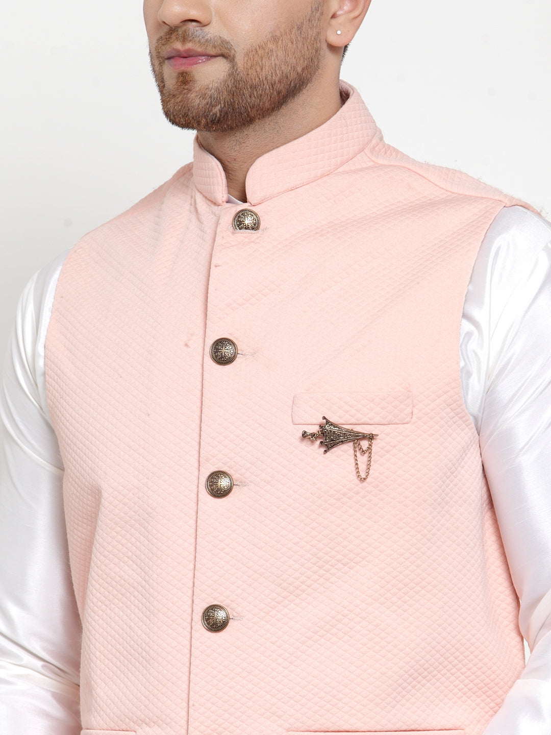 Jompers Men's Solid Dupion Kurta Pajama with Woven Nehru Jacket (Peach) - Distacart