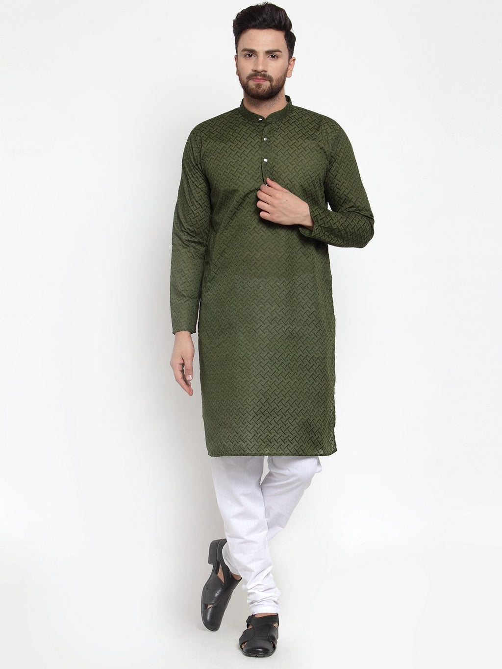 Jompers Men Olive Green Chikan Kurta Only - Distacart