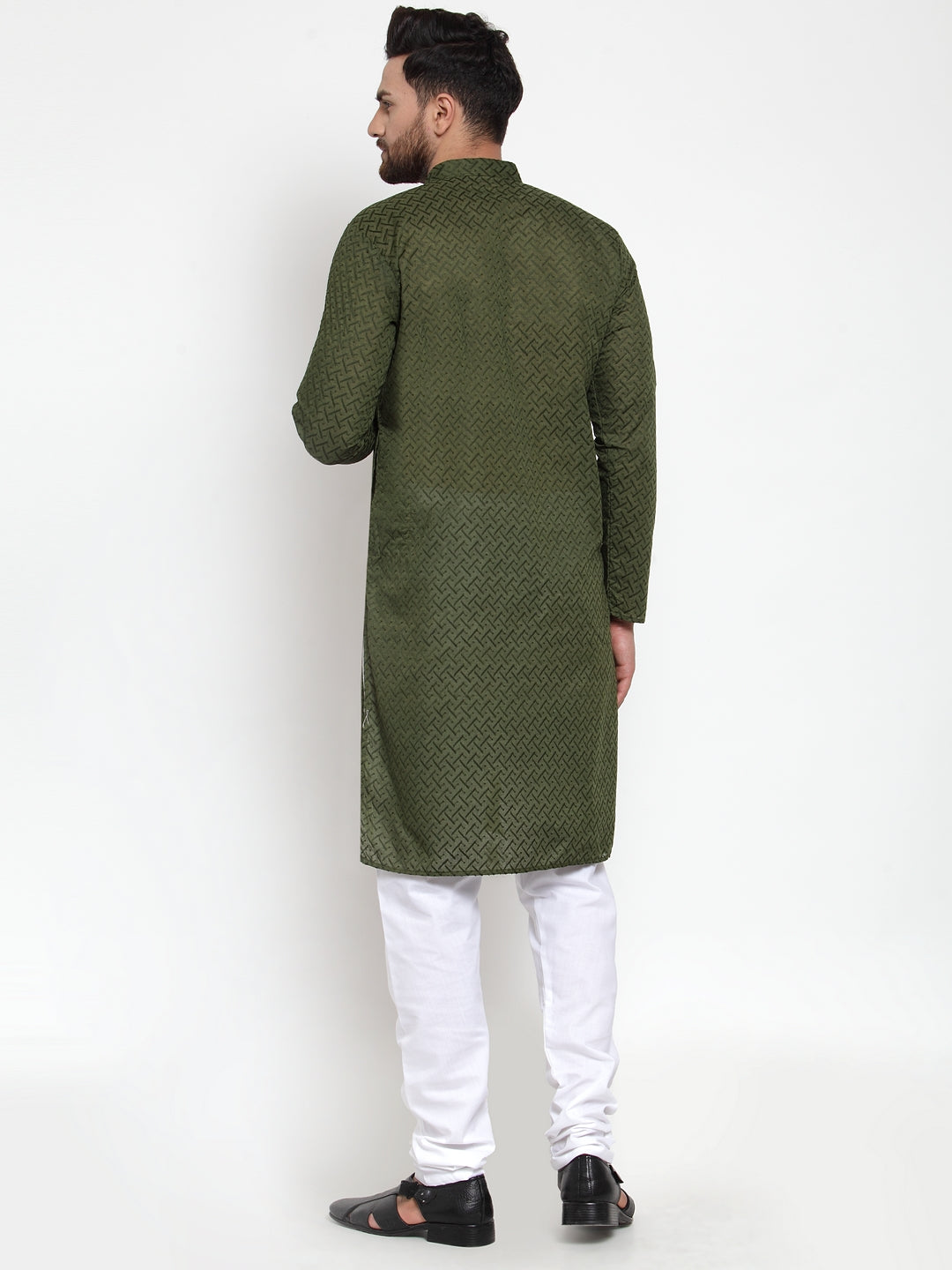 Jompers Men Olive Green Chikan Kurta with Churidar - Distacart
