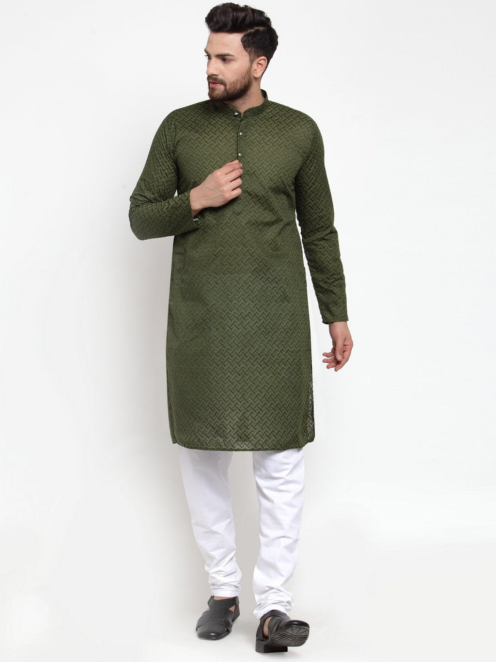 Jompers Men Olive Green Chikan Kurta Only - Distacart