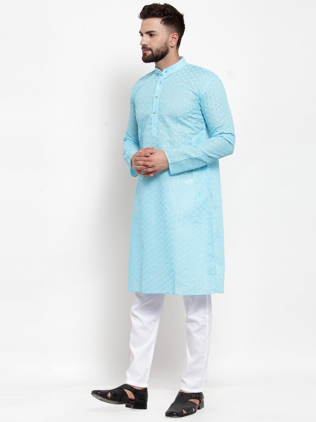 Jompers Men Sky Blue Chikan Kurta with Churidar - Distacart