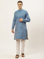 Jompers Men's Blue Printed Jacquard Kurta Only