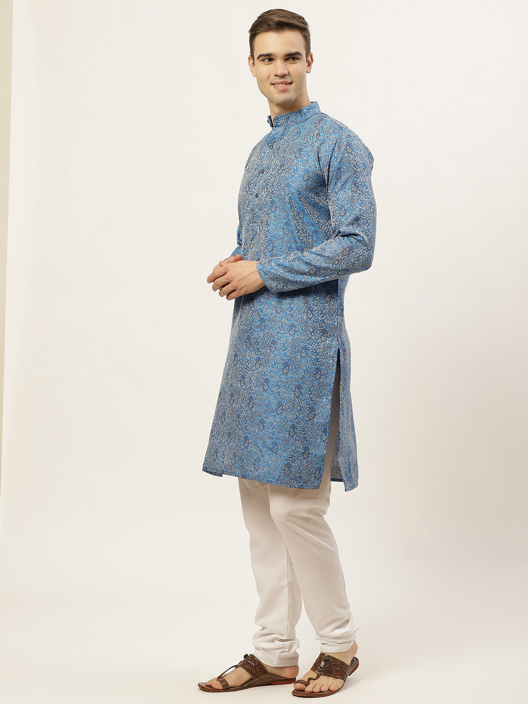 Jompers Men's Blue Printed Jacquard Kurta Payjama Sets