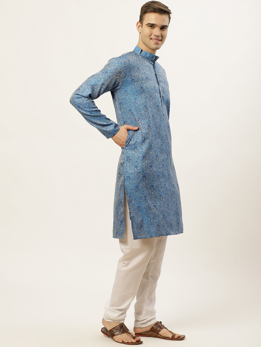 Jompers Men's Blue Printed Jacquard Kurta Payjama Sets