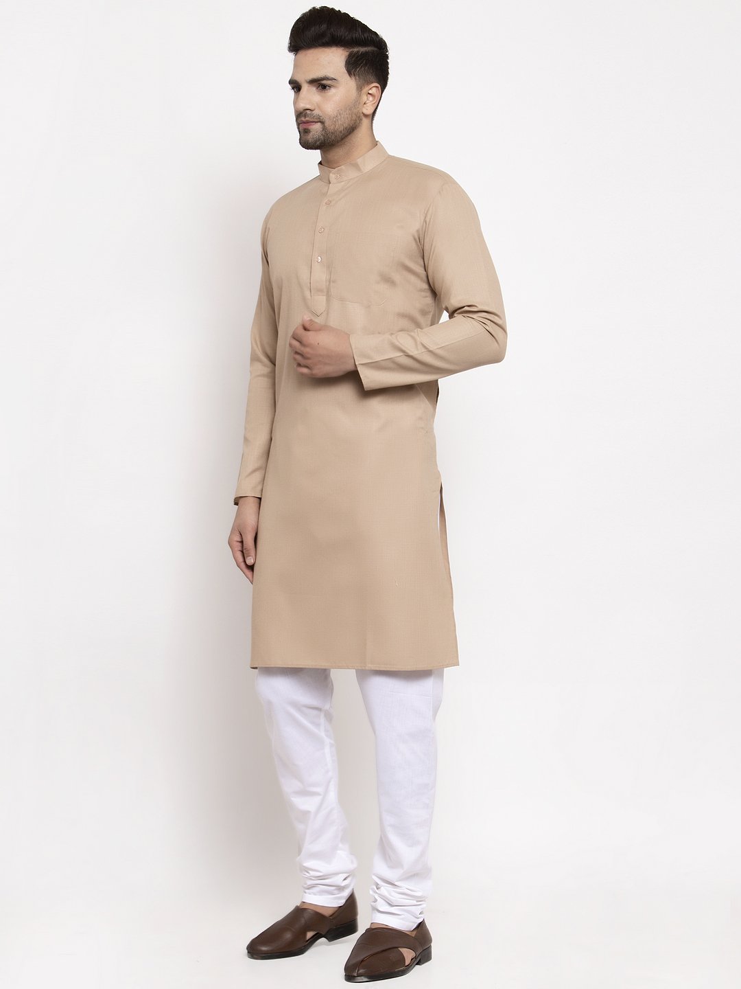Jompers Men Light-Brown & White Solid Kurta Only - Distacart