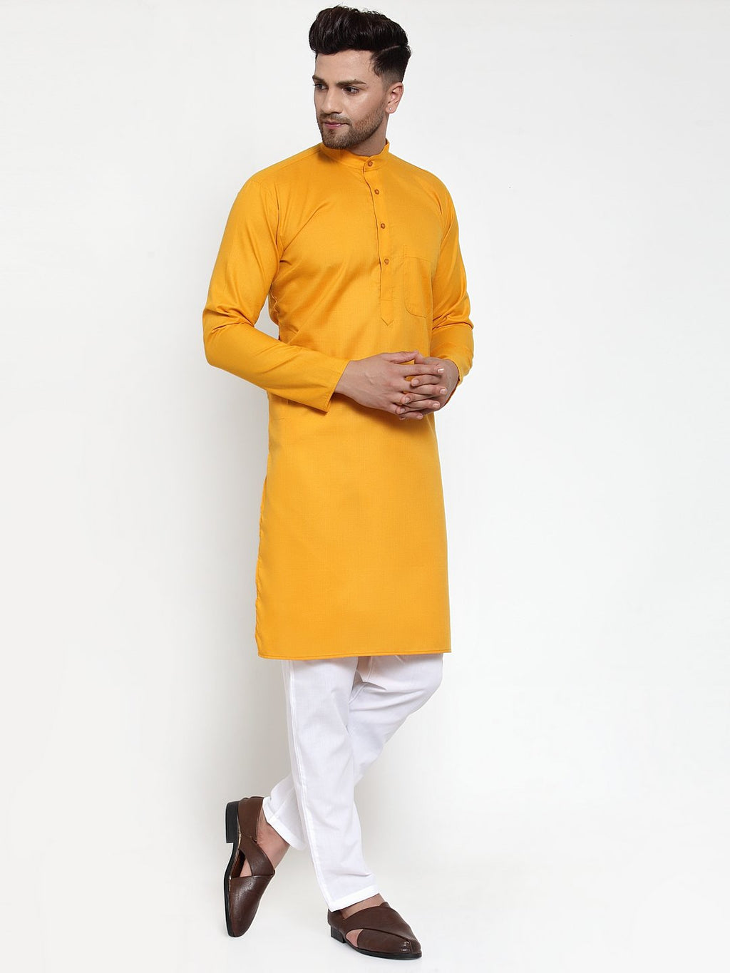 Jompers Men Mustard Yellow & White Solid Kurta Only - Distacart
