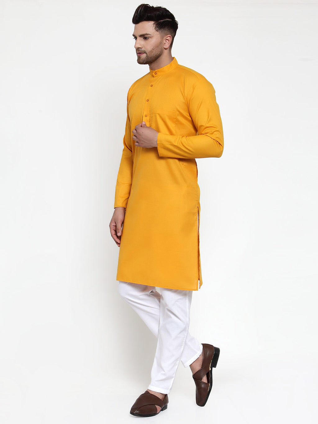 Jompers Men Mustard Yellow & White Solid Kurta with Churidar - Distacart