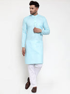 Jompers Men Sky-Blue & White Solid Kurta Only - Distacart