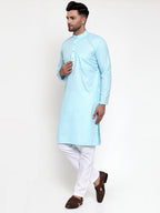Jompers Men Sky-Blue & White Solid Kurta with Churidar - Distacart