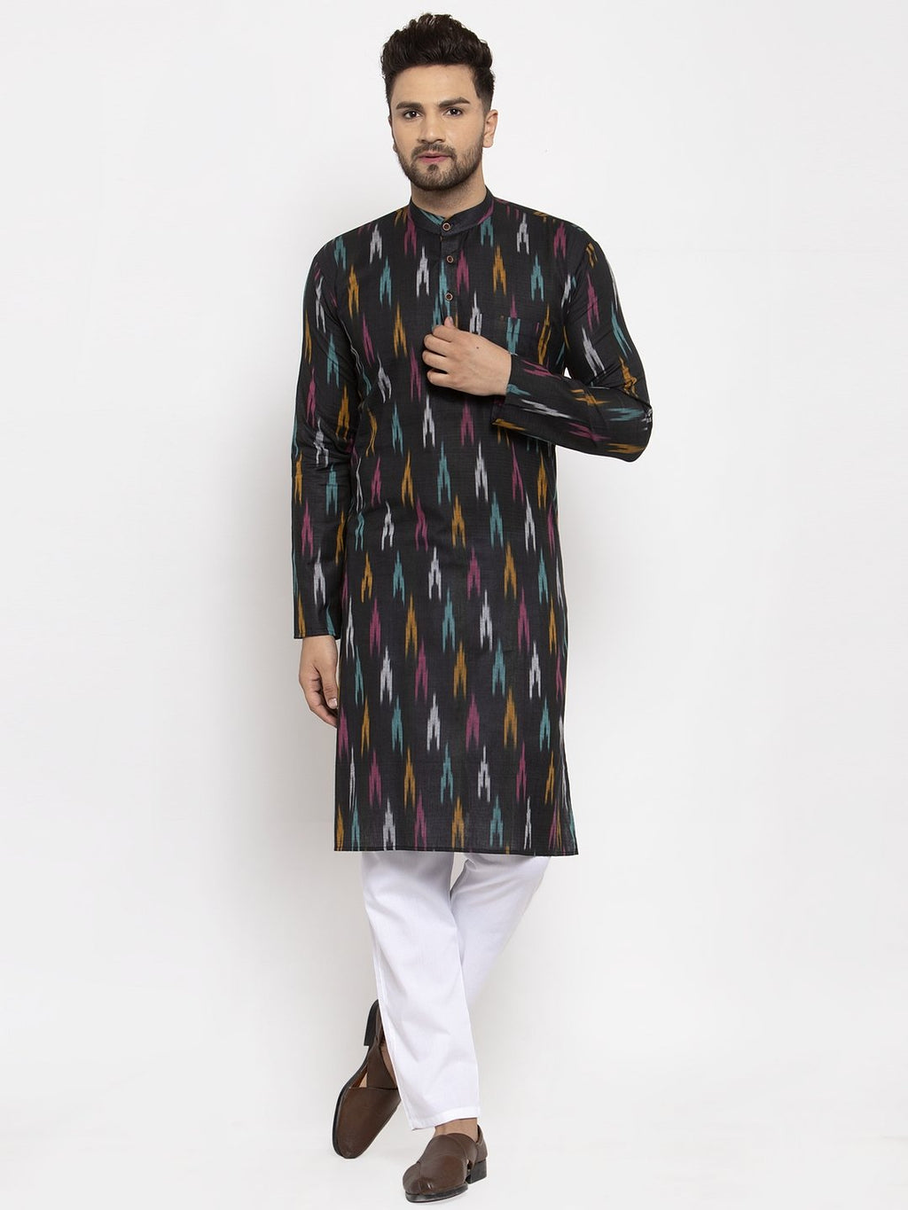 Jompers Men Black Woven Design Ikkat Straight Kurta Only - Distacart