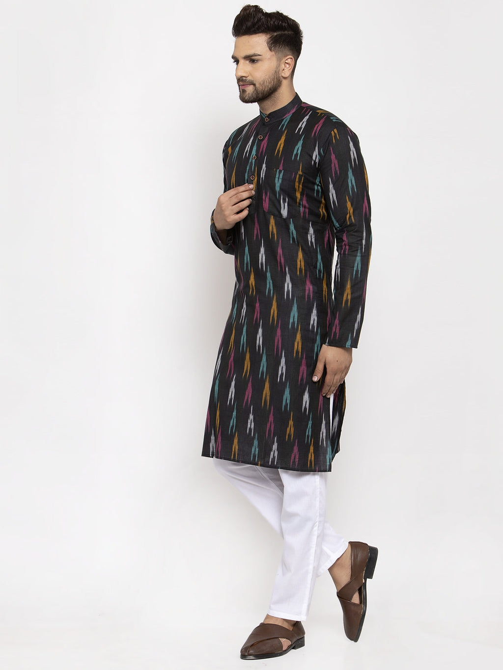 Jompers Men Black Woven Design Ikkat Straight Kurta with Churidar - Distacart