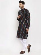 Jompers Men Black Woven Design Ikkat Straight Kurta with Churidar - Distacart