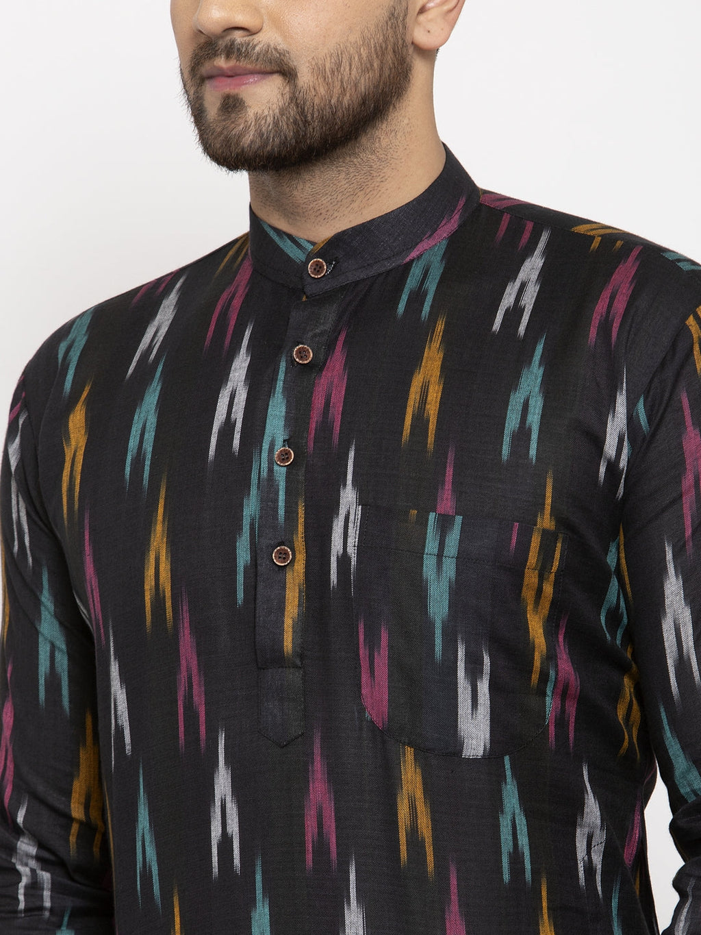 Jompers Men Black Woven Design Ikkat Straight Kurta with Churidar - Distacart
