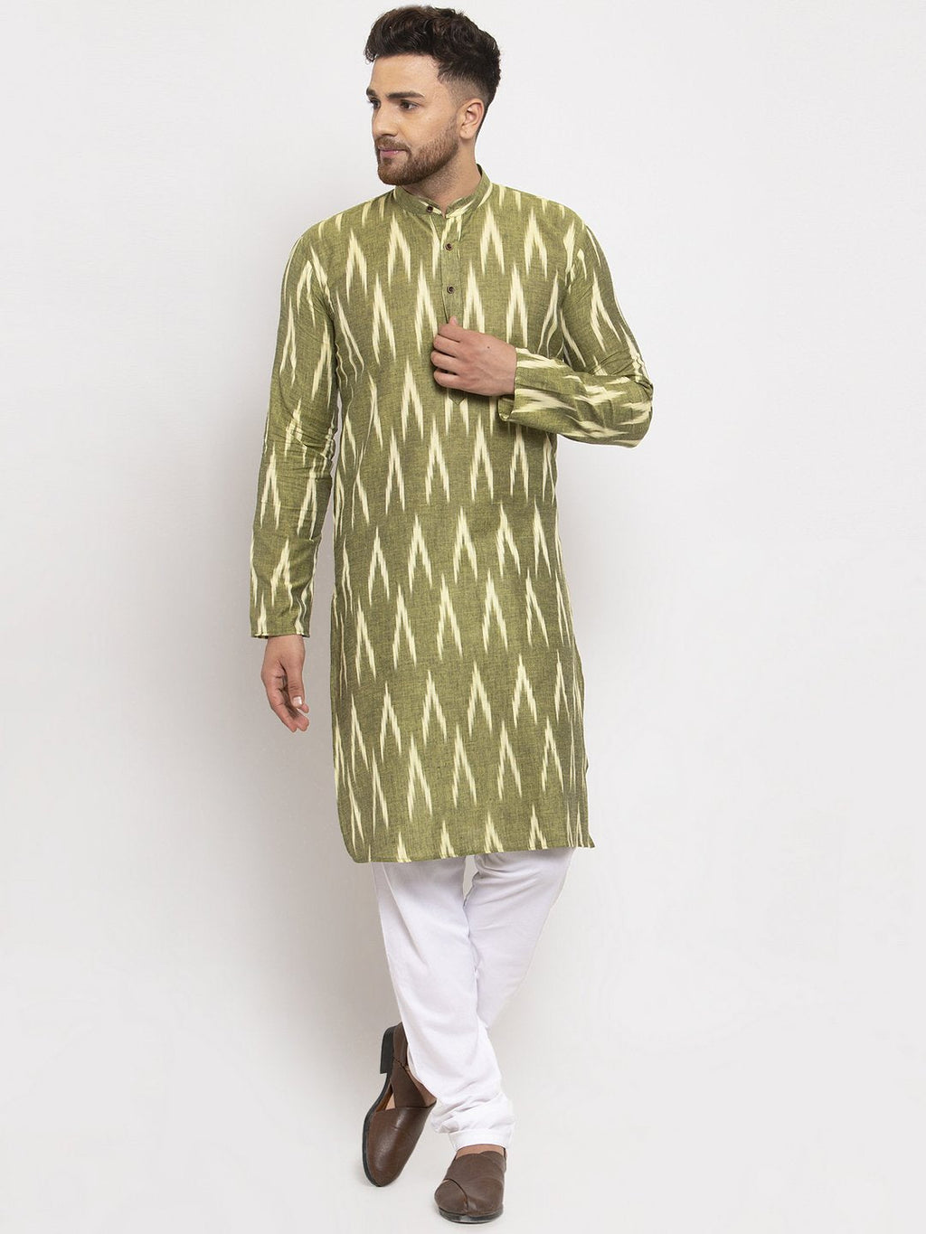 Jompers Men Green Woven Design Ikkat Straight Kurta Only - Distacart