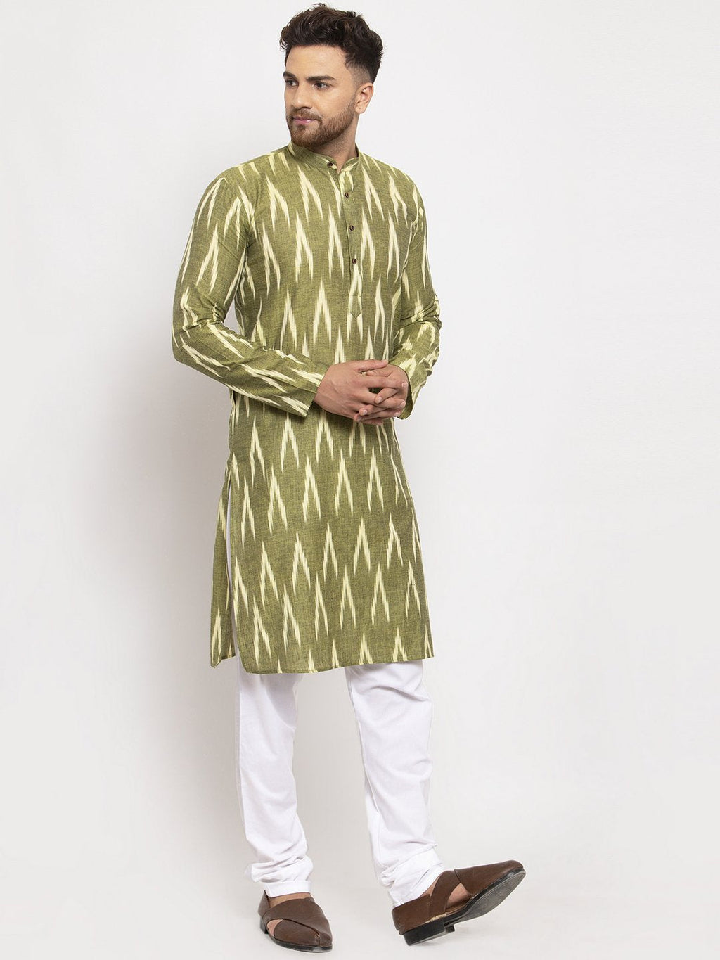 Jompers Men Green Woven Design Ikkat Straight Kurta Only - Distacart